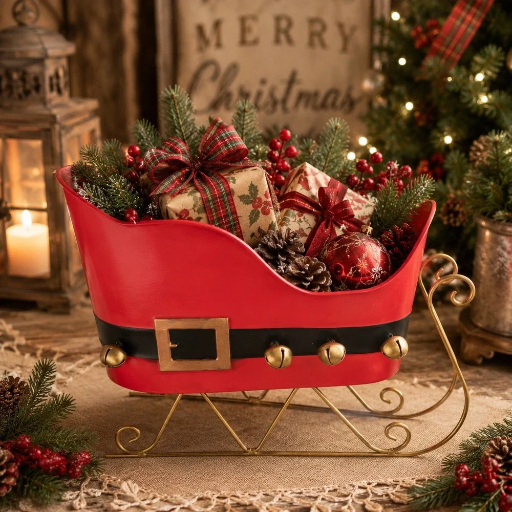 Vintage Santa Sleigh Christmas Centerpiece Red Gold Jingle Bell Holiday Decor